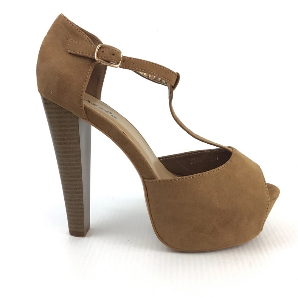PAZZLE Brown Faux Suede Peep Toe Chunky Ankle Strap Heels